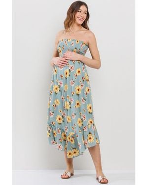 Hello Miss Maternity Floral Smocked Strapless Midi Dress - White