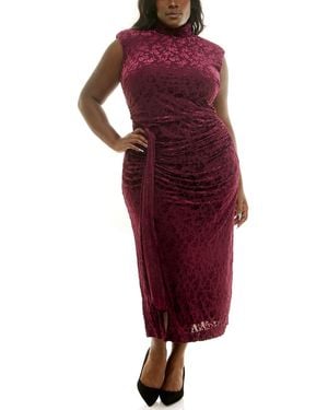 Taylor Plus Size Floral-print Ruched Fit-and-flare Velvet Midi Dress - Red