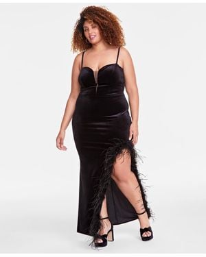 B Darlin Trendy Plus Size Velvet Feather-trim Gown - Black