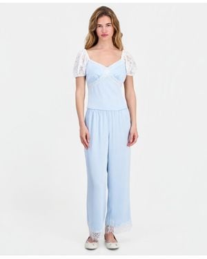 And Now This Petite Satin Lace-trim Ankle Pants - Blue