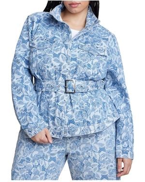 Eloquii Plus Size Lace Printed Denim Belted Jacket - Blue