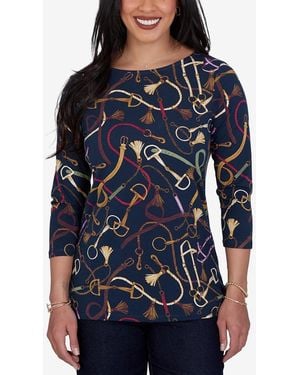 Ruby Rd. Petite Boat Neck 3/4-sleeve Equestrian Print Blouse - Blue