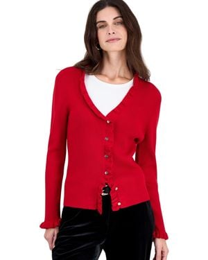 Tahari V-neck Long-sleeve Ruffle Cardigan - Red