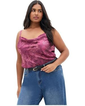 City Chic Plus Size Satin Cowl Lace Print Camisole - Red