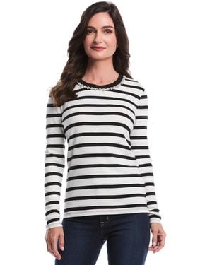 Rafaella Petite Striped Print Embellished Neck Long Sleeve Top - White