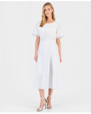 Anne Klein Linen-blend Pull-on A-line Midi Skirt - White