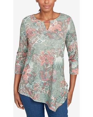 Ruby Rd. Petite Floral Patchwork Split Beaded Neck Top - Gray