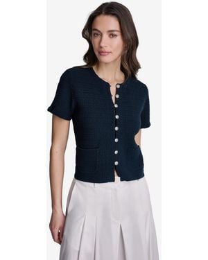 BCBGMAXAZRIA Tweed Short-sleeve Cropped Cardigan - Blue