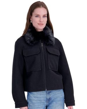 Tahari Detachable Faux-fur Collar Cropped Coat - Blue