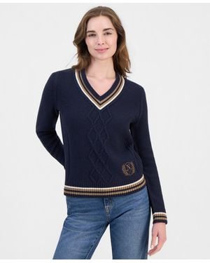 Nautica V-neck Varsity Tipped Sweater - Blue