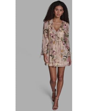 BCBGMAXAZRIA Floral Ruffled V-neck Short Shift Dress - Brown