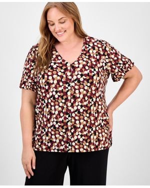 Anne Klein Plus Size Dot-print Short-sleeve Button-up Top - Red