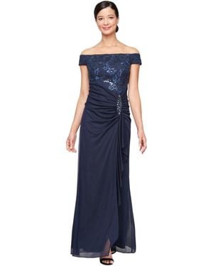Alex Evenings Petite Off-the-shoulder Short-sleeve Ball Gown - Blue