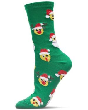 Memoi Smiley Santa Holiday Crew Socks - Green