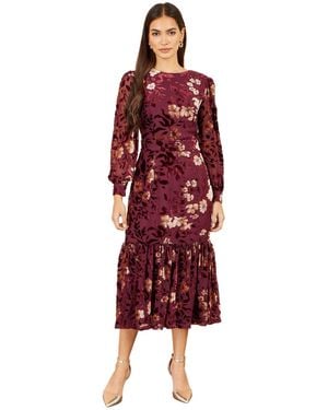Yumi' Floral Long-sleeve Velvet Midi Dress - Red