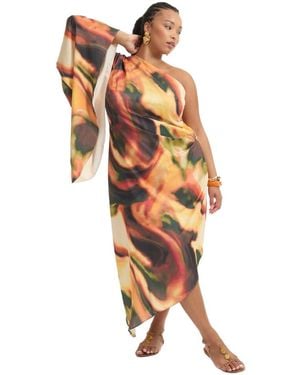 June + Vie June + Vie Plus Size Asymmetrical One-sleeve Cape Dress - White