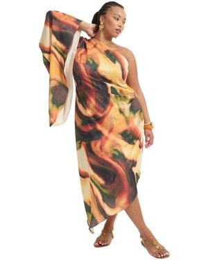 June + Vie June + Vie Plus Size Asymmetrical One-sleeve Cape Dress - White