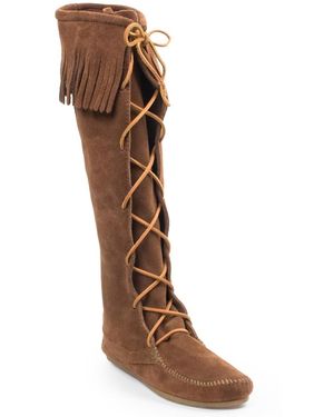 Minnetonka Suede Front Lace Knee High Boots - Brown