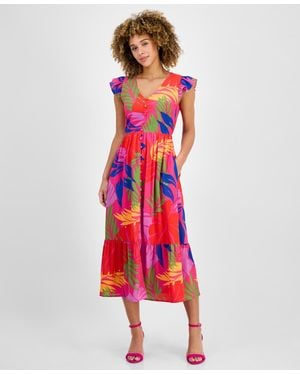 Sandra Darren V-neck Flutter-sleeve Midi Dress - Red