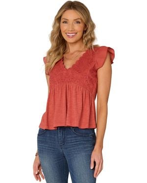 Democracy Petite Embroidered Cotton Flutter-sleeve Top