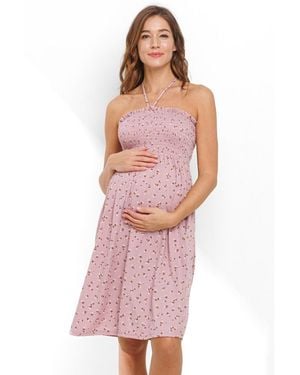 Hello Miss Maternity Floral Smocked Halter Dress - Pink