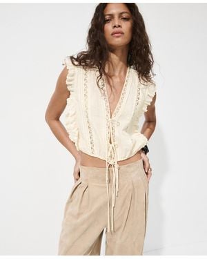 Mango Cotton Ruffled Lace Blouse - Natural