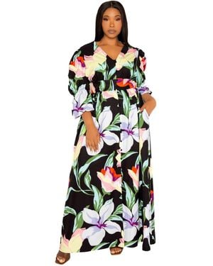 Buxom Couture Plus Size Floral Puff Sleeve Maxi Dress - White