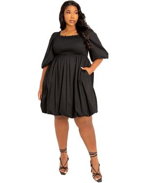 Buxom Couture Plus Size Smocked Puff Sleeve Bubbled Dress - Black