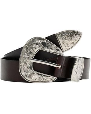 Mango Engraved Buckle Leather Belt - Black