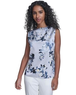 Calvin Klein Printed Sleeveless Charm Back Keyhole Top - Blue