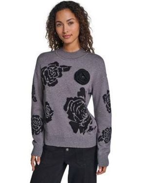 KARL LAGERFELD Mock Neck Long Sleeve Floral Sweater - Gray
