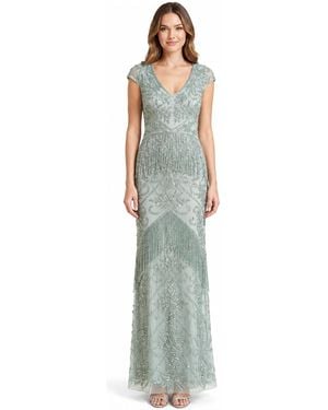 Lara Plus Size Cap-sleeve Beaded Fringe Gown - Green