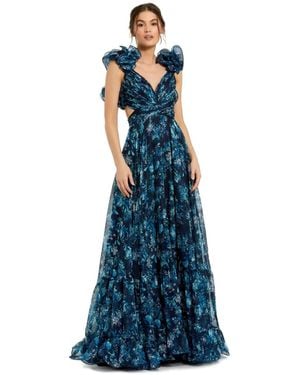 Mac Duggal Pleated High Neck Raglan Long Sleeve Side Slit Gown - Blue