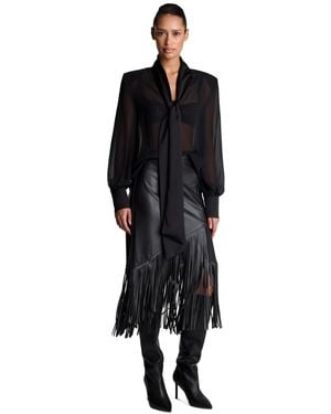 Kenneth Cole Tie-neck Sheer Balloon-sleeve Blouse - Black