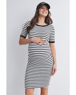 Hello Miss Maternity Striped Bodycon Short Sleeve Dress - White
