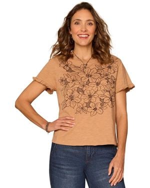 Democracy Crewneck Shirttail Hem Embroidered Knit Top - Blue