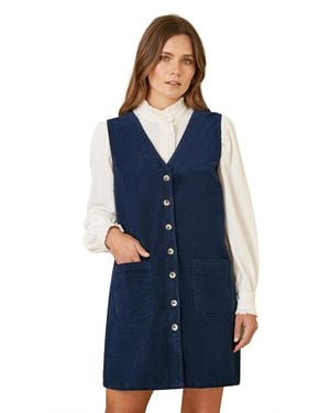 Yumi' Cord Button Through Pinafore Dress - Blue