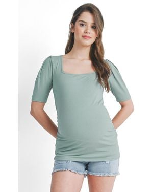Hello Miss Ribbed Puff Sleeve Square Neck Top - Green