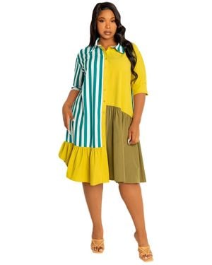 Buxom Couture Plus Size Mixed Stripe Shirt Dress - Yellow