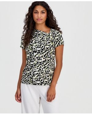 Anne Klein Essentials Petite Printed Asymmetric Short-sleeve Top - White