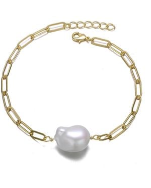 Genevive Jewelry Sterling Silver 14k Plated White Freshwater Pearl Paperclip Link Bracelet - Metallic