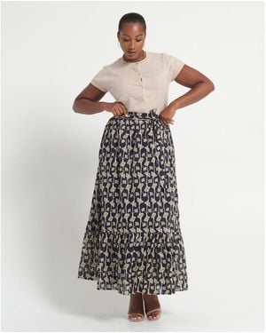 Estelle Sea Lily Print Tiered A-line Midi Skirt - White