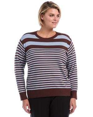 Rafaella Plus Size Striped Crewneck Ribbed Trim Pullover Sweater - Gray