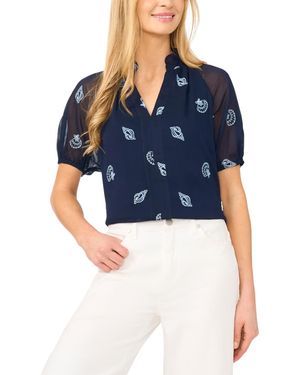 Cece Embroidered Split V-neck Blouse - Blue