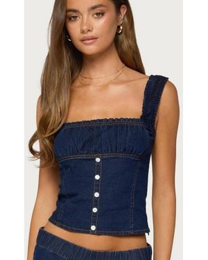 Edikted aggie Square Neck Ruched Crop Denim Top - Blue