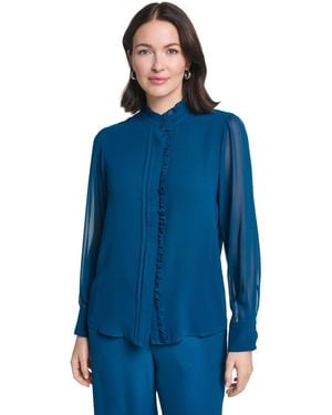Calvin Klein Long-sleeve Ruffle Front Mock Neck Blouse - Blue