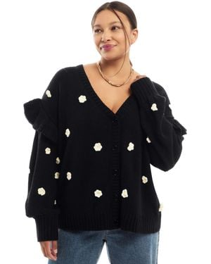 June + Vie June And Vie Ruffle-sleeve Cardigan - Black