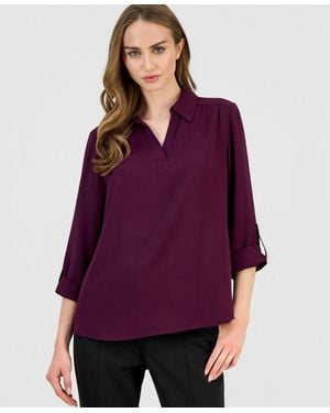 Anne Klein Petite Collared Roll-tab-sleeve Shirt - Purple
