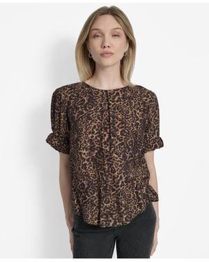 DKNY Printed Voile Short-sleeve Blouse - Brown