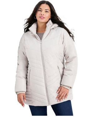Avenue Plus Size Triple Chevron Hooded Puffer Jacket - White